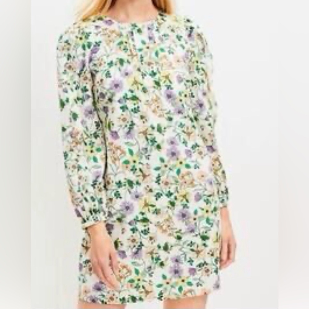 LOFT shift dress linen blend NWT floral knee length size 8 Long Sleeves Cottage